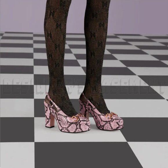 GUCCI pink Python print Calfskin 38.5-8.5 gold Horsebit slingback platform shoes - Picture 8 of 10